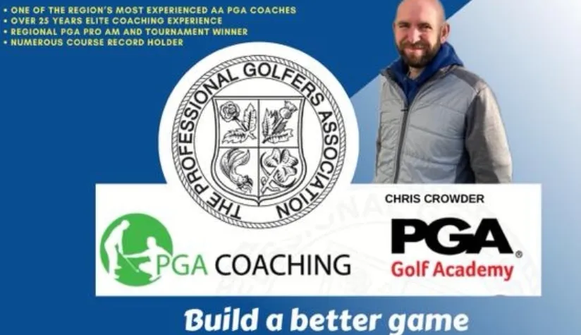 Chris Crowder beside PGA and PGA Coaching branding on the academy’s blue Build a better game coaching graphic.
