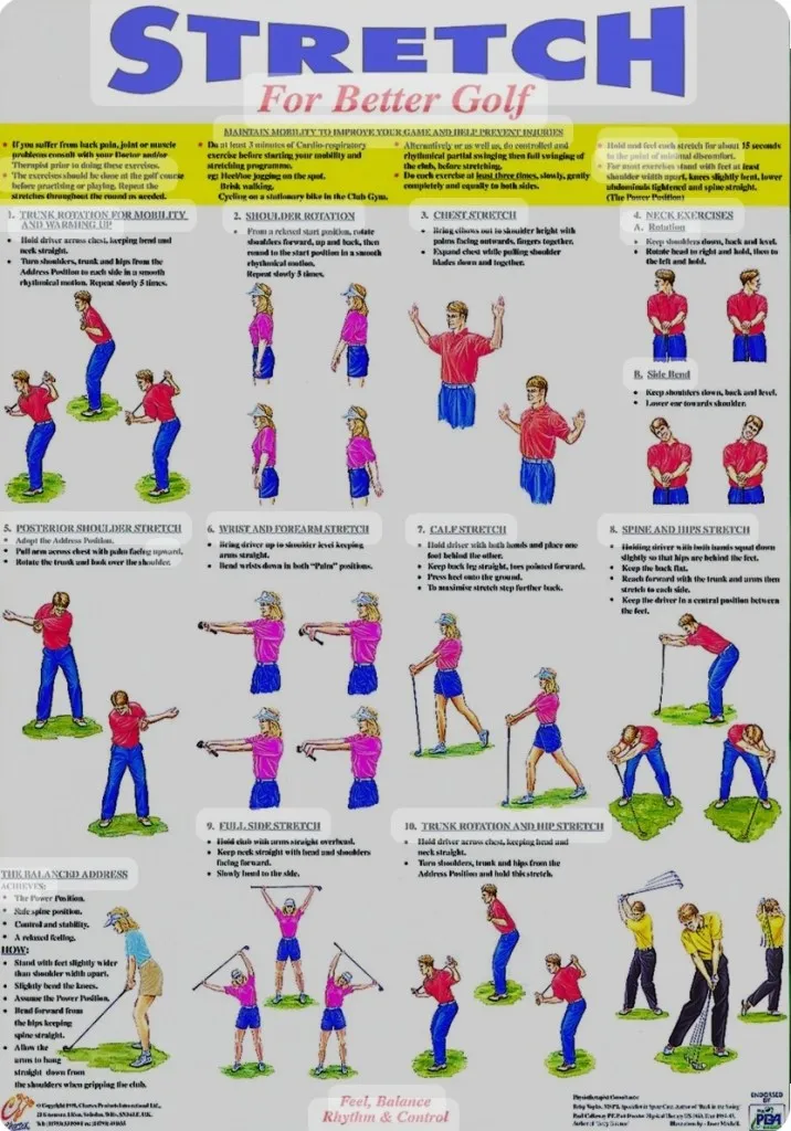 Stretch for Better Golf exercise poster: illustrated stretches for trunk rotation and mobility, shoulders, chest, wrists and forearms, calves, spine and hips, plus balance exercises. Sequences show a golfer holding a club to guide the movements.